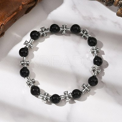3Pcs Natural Black Onyx & Larvikite & Malaysia Jade Round Beads Stretch Bracelets BJEW-JB12343-1