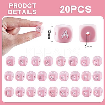 20Pcs Pink Cube Letter Silicone Beads 12x12x12mm Square Dice Alphabet Beads with 2mm Hole Spacer Loose Letter Beads for Bracelet Necklace Jewelry Making JX435H-1