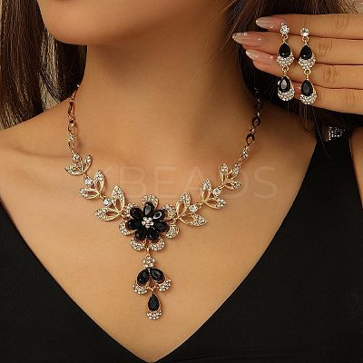 Flower Alloy Rhinestone Pendant Necklaces & Teardrop Stud Dangle Earrings Sets FS-WG19EE6-06-1