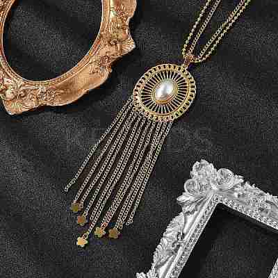 Bohemian 304 Stainless Steel & Imitation Pearl Oval Tassel Pendant Necklaces for Women NJEW-Z061-11G-1