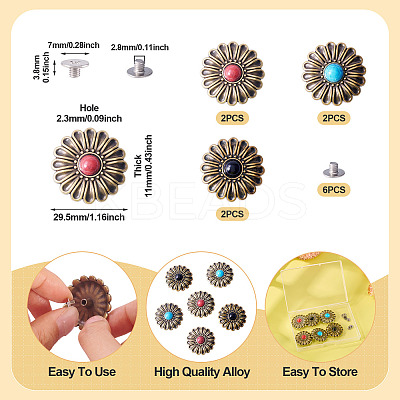 6Pcs 3 Colors Chrysanthemum Alloy with Resin Decorative Rivets BUTT-TA0001-30-1