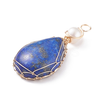 Natural Lapis Lazuli Copper Wire Wrapped Pendants PALLOY-JF01398-01-1