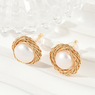 Flat Round Brass Imitation Pearl Stud Earrings KK-D301-10G-1