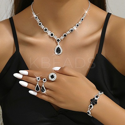 Teardrop Alloy Rhinestone Bracelets & Stud Earrings & Necklaces & Rings Set for Women SJEW-M102-02S-02-1