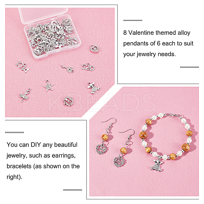48Pcs 8 Style Valentine's Day Theme Alloy Pendants FIND-GA00001-94-1