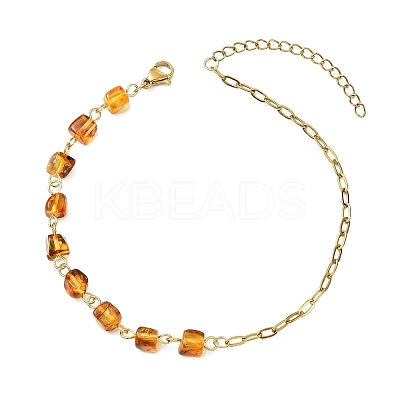 Natural Amber Cube Beads Link Chain & 304 Stainless Steel Paperclip Chain Anklets for Women AJEW-AN00790-1