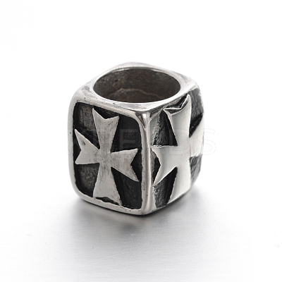 Retro Smooth 304 Stainless Steel Large Hole Cube Beads with Cross STAS-I031-28-1