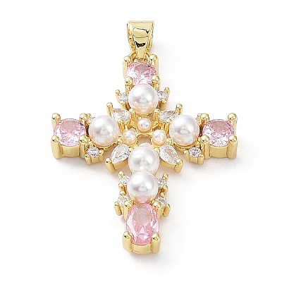 Brass Pave Cubic Zirconia with ABS Plastic Imitation Pearl Pendants KK-G467-01G-1