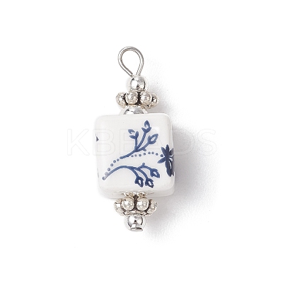 Blue and White Floral Printed Cube Porcelain Pendants PALLOY-JF03965-01-1