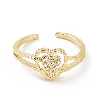 Clear Cubic Zirconia Heart Open Cuff Ring RJEW-G283-10G-1