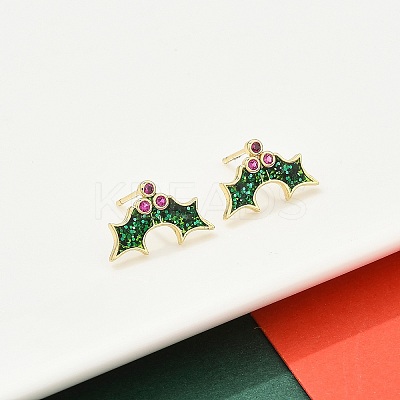 Holly Leaf Brass Micro Pave Cubic Zirconia Stud Earrings EJEW-B149-02G-1