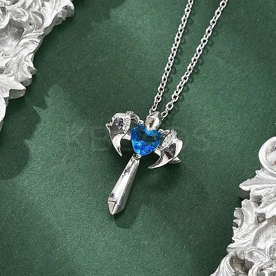 Brass Cubic Zirconia Wing Cross Pendant Necklaces for Women NJEW-C067-07P-02-1
