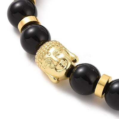 Synthetic Black Stone & Alloy Buddha Head Beaded Strech Bracelets BJEW-JB09420-02-1