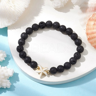 Round Natural Lava Rock Beaded Stretch Bracelets BJEW-JB10276-03-1