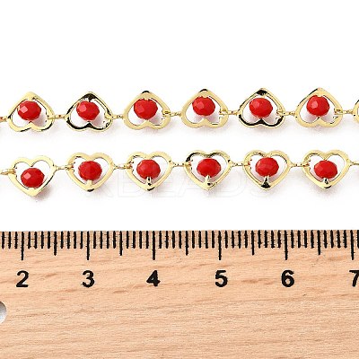 Brass & Red Faceted Glass Heart Link Chain Necklaces for Women NJEW-D314-05G-1