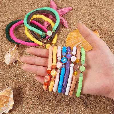 Handmade Polymer Clay Alphabet & Heishi Beads Stackable Stretch Bracelets Set BJEW-SZ0002-10-1