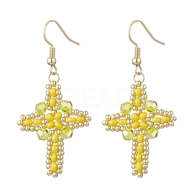 304 Stainless Steel Glass Seeds Cross Dangle Earrings EJEW-MZ00506-05-1