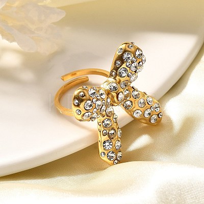 Bowknot 304 Stainless Steel Rhinestone Cuff Rings for Women RJEW-A058-01B-G-1