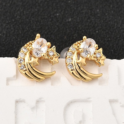 Brass Micro Pave Clear Cubic Zirconia Moon Stud Earrings EJEW-C158-10G-1