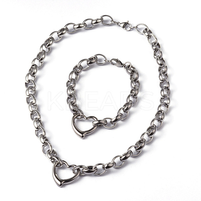 Tarnish Resistant Heart 304 Stainless Steel Link Necklaces and Bracelets Jewelry Sets LS-SJEW-F132-08P-1