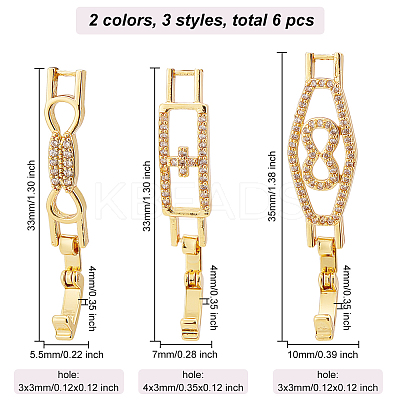 6Pcs 6 Styles Rack Plating Brass Micro Pave Clear Cubic Zirconia Watch Band Clasps ZIRC-OC0001-06-1