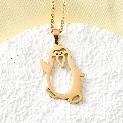 304 Stainless Steel Laser Cut Penguin Pendant Necklaces for Women Men NJEW-Q032-01D-G-1