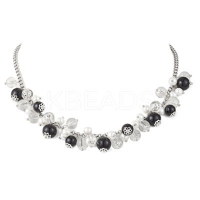 Round Glass Beaded Bib 304 Stainless Steel Rolo Chain Necklaces NJEW-JN05359-03-1