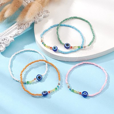 Evil Eye Resin & Glass Beaded Stretch Bracelet BJEW-JB09491-1
