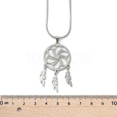 Bohemian 201 Stainless Steel Flower Woven Web/Net with Feather Pendant Necklaces NJEW-P327-07P-B-1