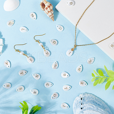 26Pcs 26 Styles Natural Shell Teardrop Charms with Golden Tone Metal Letter Slices SHEL-SC0001-93-1