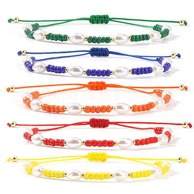 5Pcs Glass Seed Bead & Plastic Imitation Pearl Beads Braided Bracelets for Women JS2905-6-1