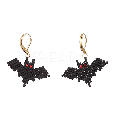 Halloween Theme Bat Handmade Glass Seed Beads Leverback Earrings EJEW-MZ00475-1