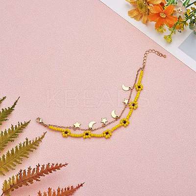 Glass Seed Braided Flower Multi-strand Bracelet BJEW-SW00069-01-1