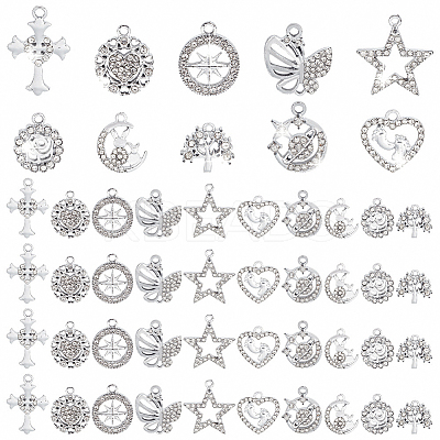 50Pcs 10 Style Platinum Tone Alloy Rhinestone Pendants Sets ALRI-PH0001-28-1