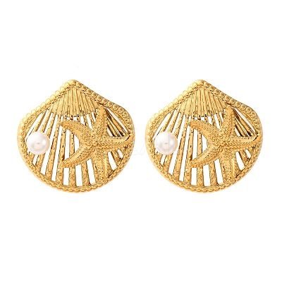 Shell Shape with Starfish 304 Stainless Steel Plastic Imitation Pearl Stud Earrings EJEW-Z109-04G-1