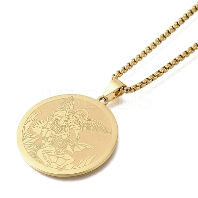 201 Stainless Steel Box Chain Archangel Saint Michael Flat Round Pendant Necklaces NJEW-S003-02G-1