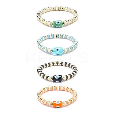 4Pcs 4 Color Handmade Evil Eye Lampwork Column Beaded Stretch Bracelets Set BJEW-JB08904-1