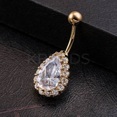 Piercing Jewelry Real 18K Gold Plated Brass Teardrop Cubic Zirconia Navel Ring Navel Ring Belly Rings AJEW-EE0001-20A-1