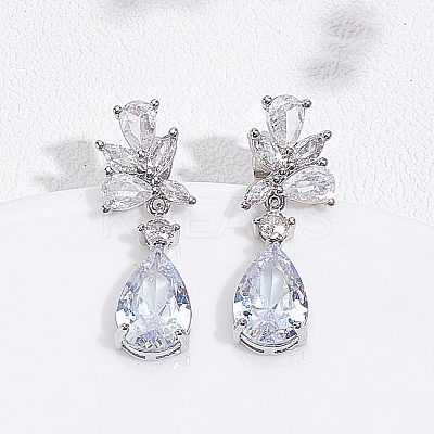 1 Pair Brass Clear Cubic Zirconia Teardrop Dangle Stud Earrings EJEW-LP0001-76-1