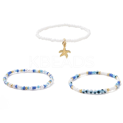 3Pcs 3 Style Glass Seed & ABS Plastic Pearl & Evil Eye Beaded Stretch Bracelets Set BJEW-JB09358-1