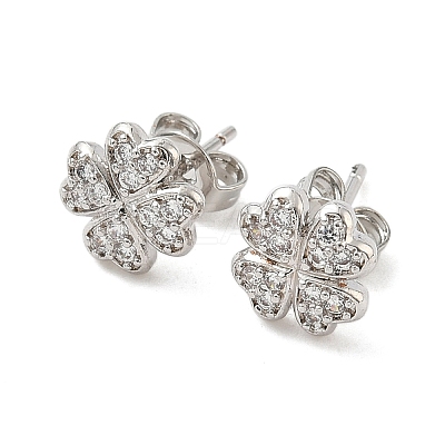 Clover Brass Micro Pave Clear Cubic Zirconia Stud Earrings EJEW-F383-09P-1