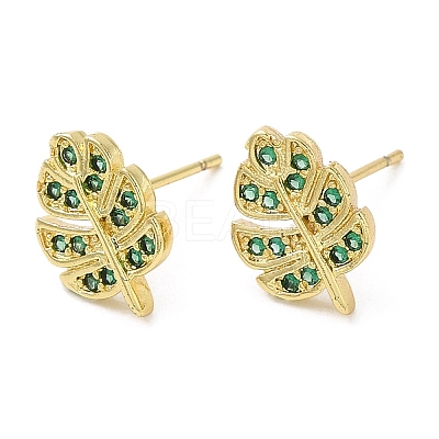 Rack Plating Brass Leaf Stud Earrings with Cubic Zirconia EJEW-D061-05G-1