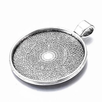 Tibetan Style Flat Round Alloy Pendant Cabochon Settings X-TIBEP-Q049-08AS-RS-1