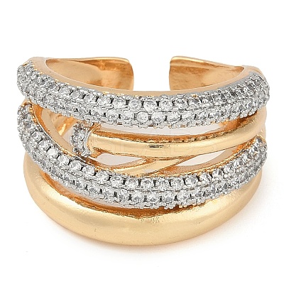 Brass Micro Pave Clear Cubic Zirconia Multi-layer Open Cuff Ring for Women RJEW-Q819-19G-1