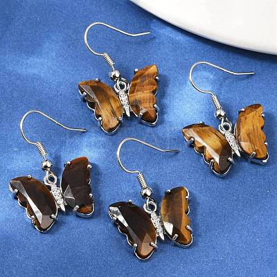 Natural Tiger Eye Brass Dangle Earrings EJEW-M081-01P-03-1