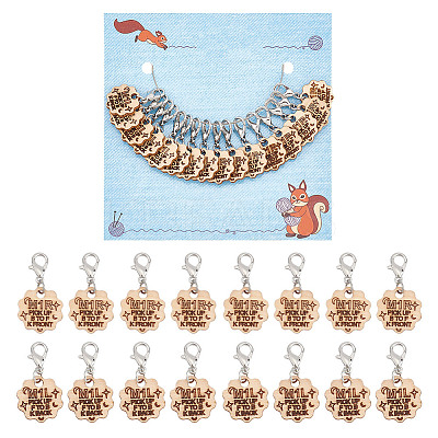 16Pcs 2 Style Flower with Word Wood M1R/M1L Pendant Locking Stitch Markers HJEW-AB00646-1