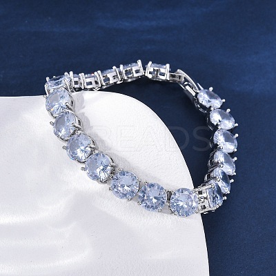 Brass Pave Clear Cubic Zirconia Flat Round Link Chain Bracelets for Women BJEW-A034-02P-1