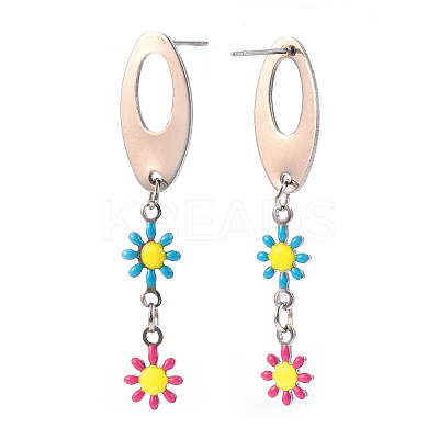 Oval with Flower Enamel Long Dangle Stud Earrings EJEW-N049-05B-1