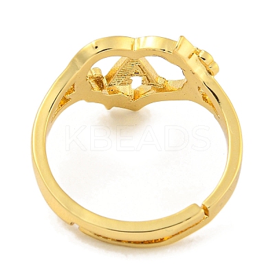 Heart with Letter & Flower Rack Plating Brass Adjustable Rings for Women RJEW-I105-05G-A-1