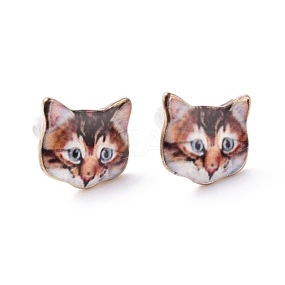 Real 14K Gold Plated Alloy Kitten Stud Earrings EJEW-G148-01G-M-1